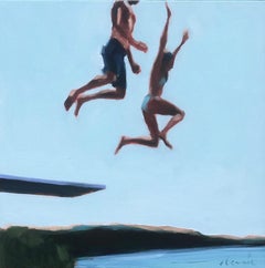 "Wedding Plans" oil painting of a boy and girl jumping into the water, side view