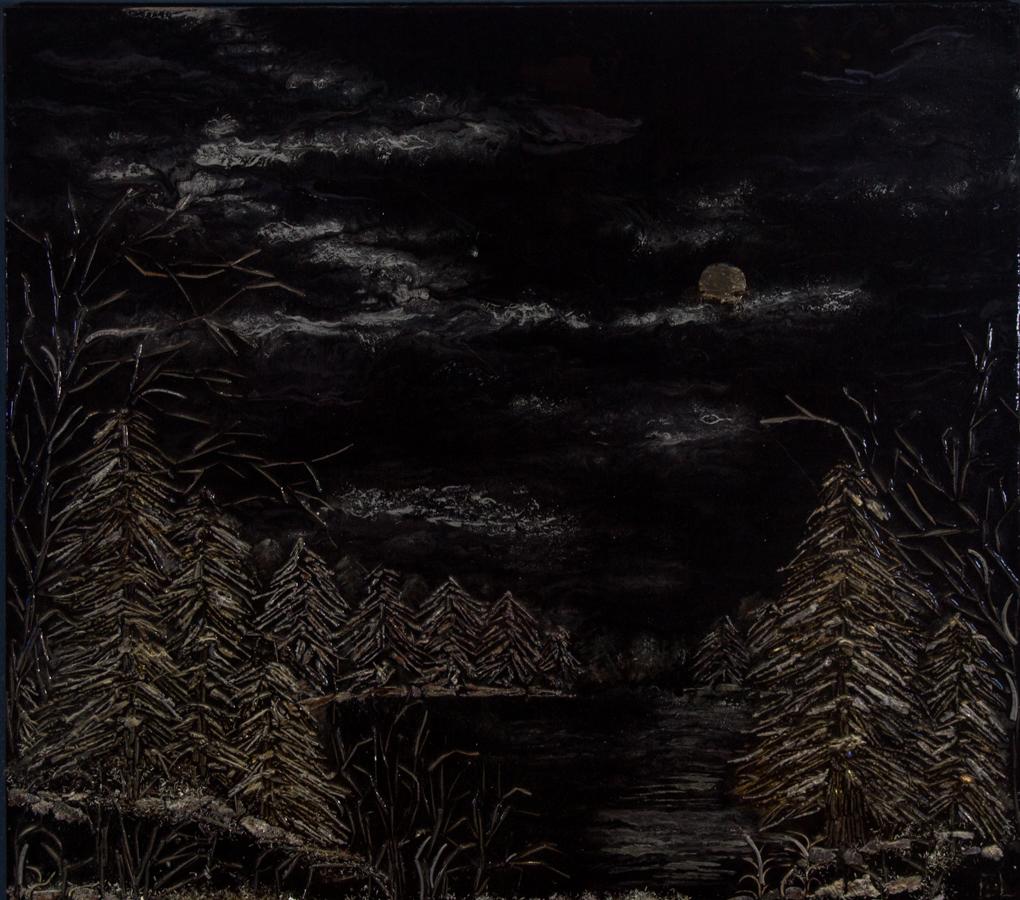 An interesting and unique sculptural landscape work by the industrial artist Elizabeth Lewis, depicting a wooded lake landscape in moonlight, with fir trees and grasses. Lewis has used a combination of metal and resin in this monumental work,