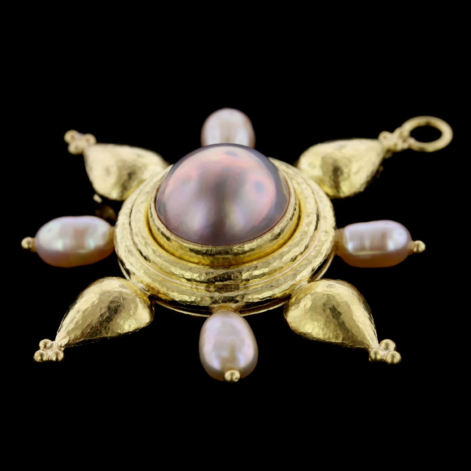 Elizabeth Locke 18K Yellow Gold Pink Mabe Pearl and Freshwater Pearl Pendant Brooch. The pendant is bezel set with a mabe pearl measuring 15.50mm., framed by four freshwater pearls, diameter 2 1/4