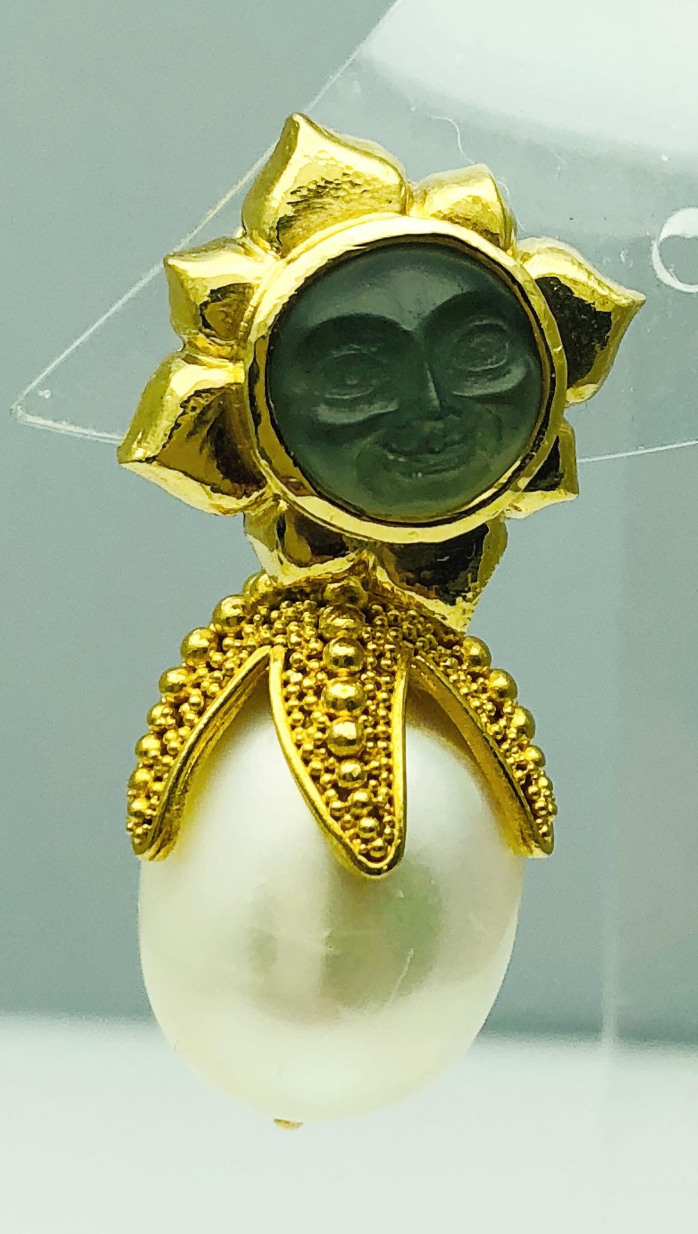 Elizabeth Locke 18 Karat Gold Venetian Glass, Intaglio Man in the Moon Earrings 5