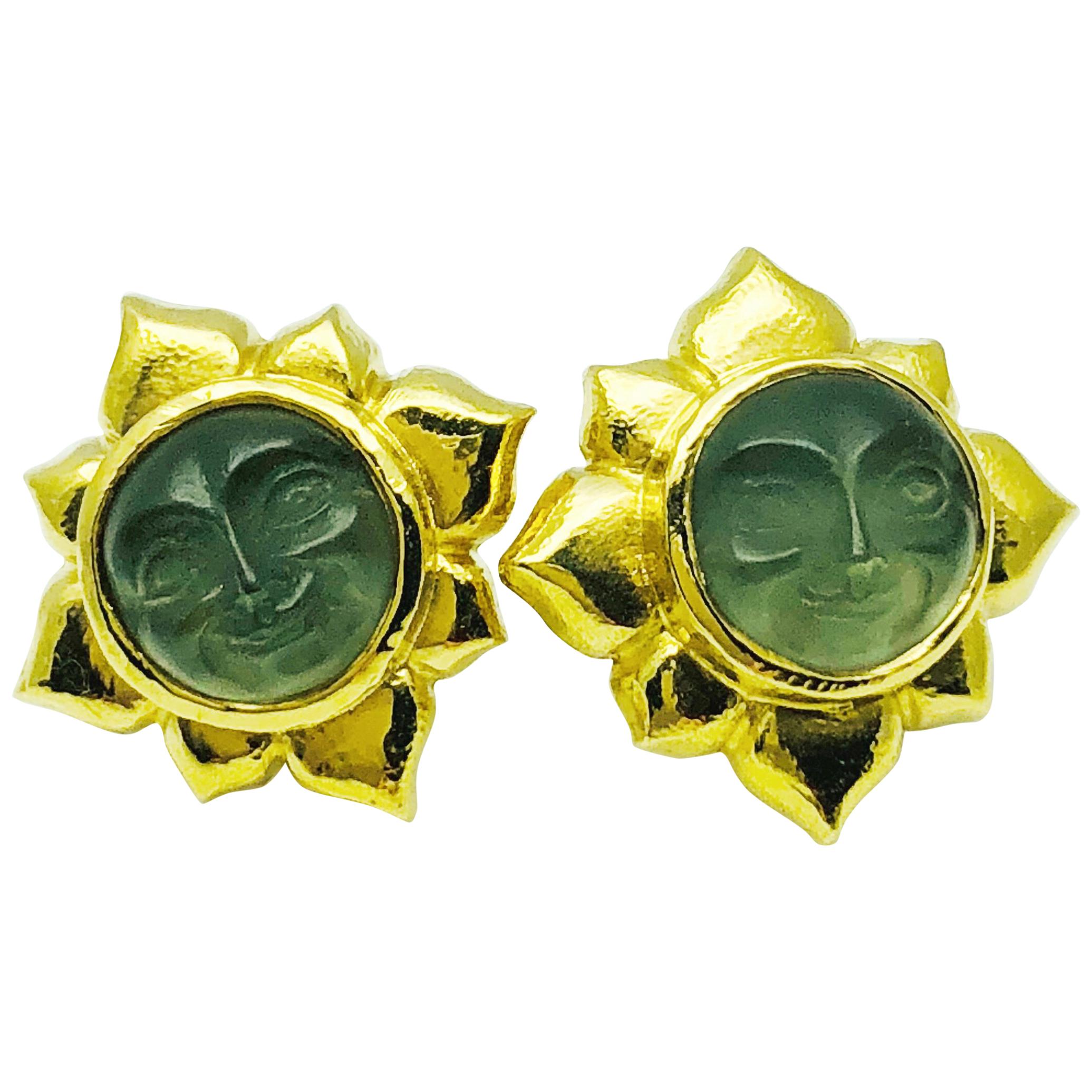 Elizabeth Locke 18 Karat Gold Venetian Glass, Intaglio Man in the Moon Earrings