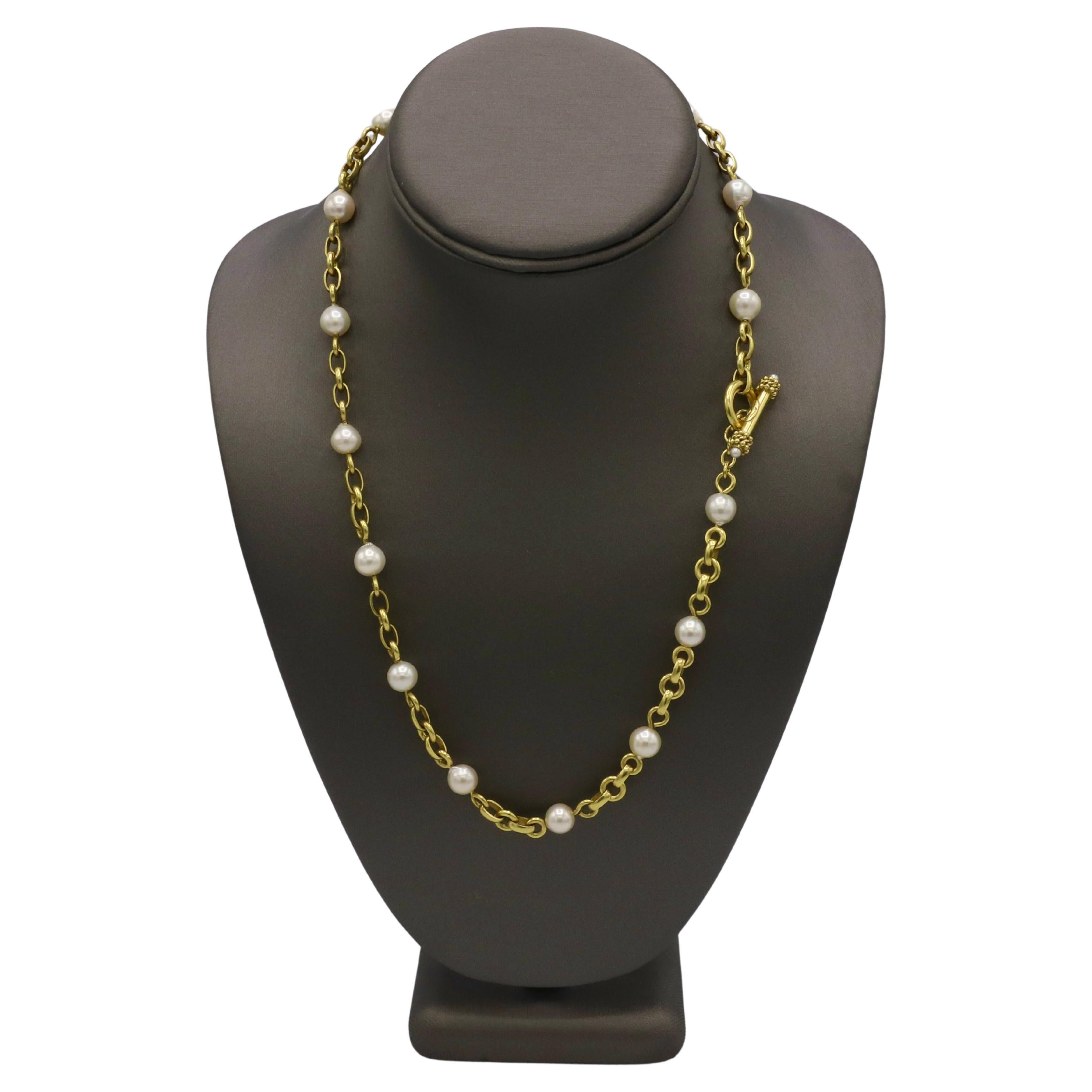 Elizabeth Locke 18 Karat Yellow Gold & Akoya Pearl Station Chain Link Necklace 
Metal: 18K yellow gold
Weight: 56.8 grams
Length: 21 inches
Clasp: Toggle
Pearls: 8mm Akoya Cultured Pearls

