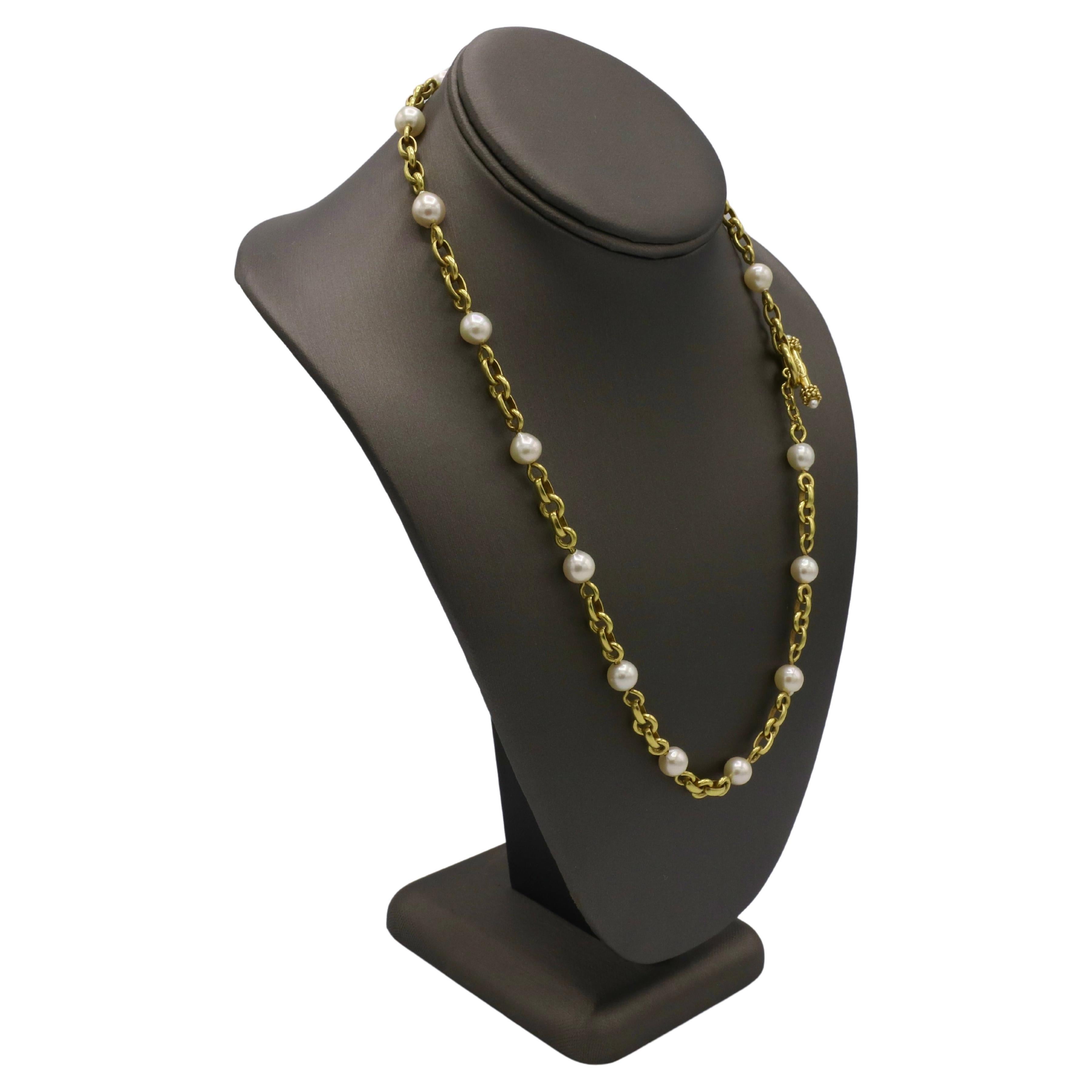 Modern Elizabeth Locke 18 Karat Yellow Gold & Akoya Pearl Station Chain Link Necklace  For Sale