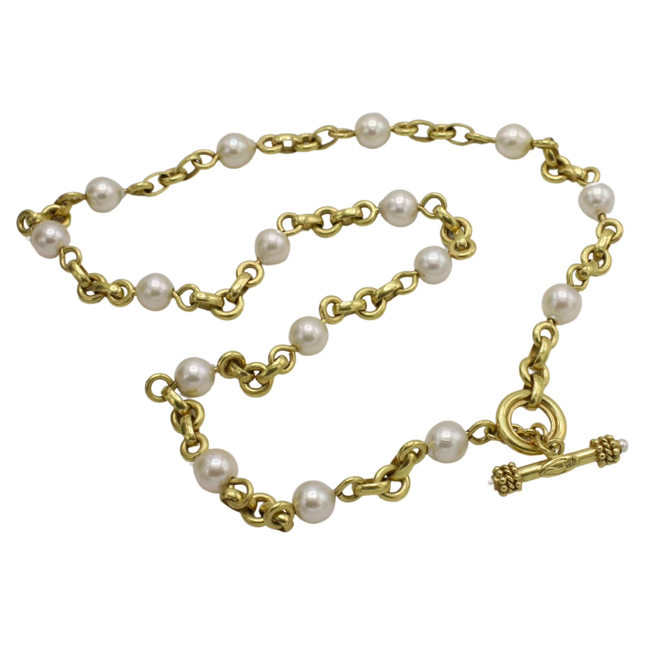 Bead Elizabeth Locke 18 Karat Yellow Gold & Akoya Pearl Station Chain Link Necklace  For Sale