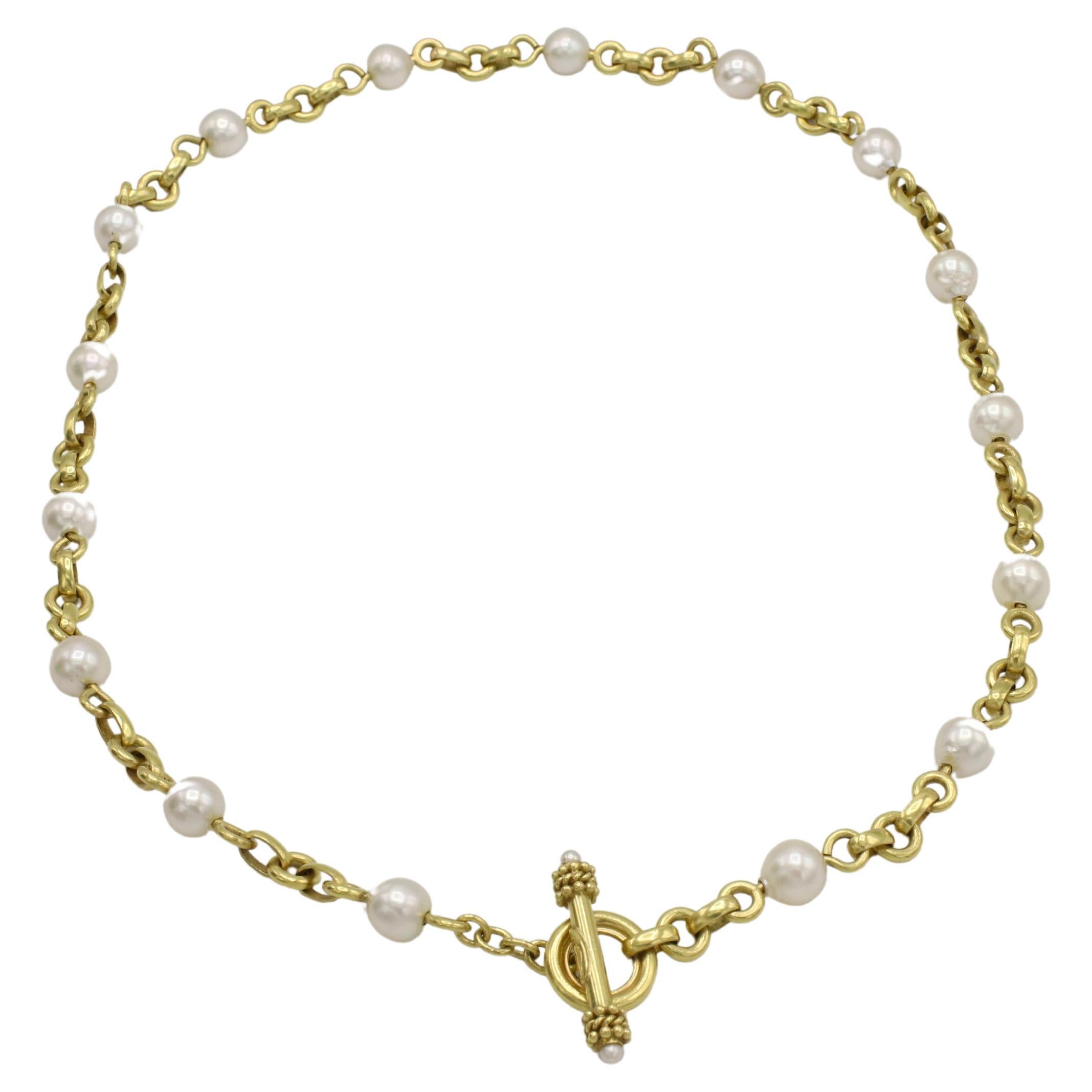 Elizabeth Locke 18 Karat Yellow Gold & Akoya Pearl Station Chain Link Necklace  For Sale