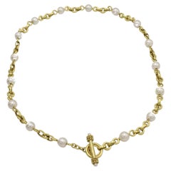 Retro Elizabeth Locke 18 Karat Yellow Gold & Akoya Pearl Station Chain Link Necklace 