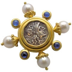 Elizabeth Locke 18 Karat Yellow Gold Antique Brooch, Cultured Pearls 
Sapphires