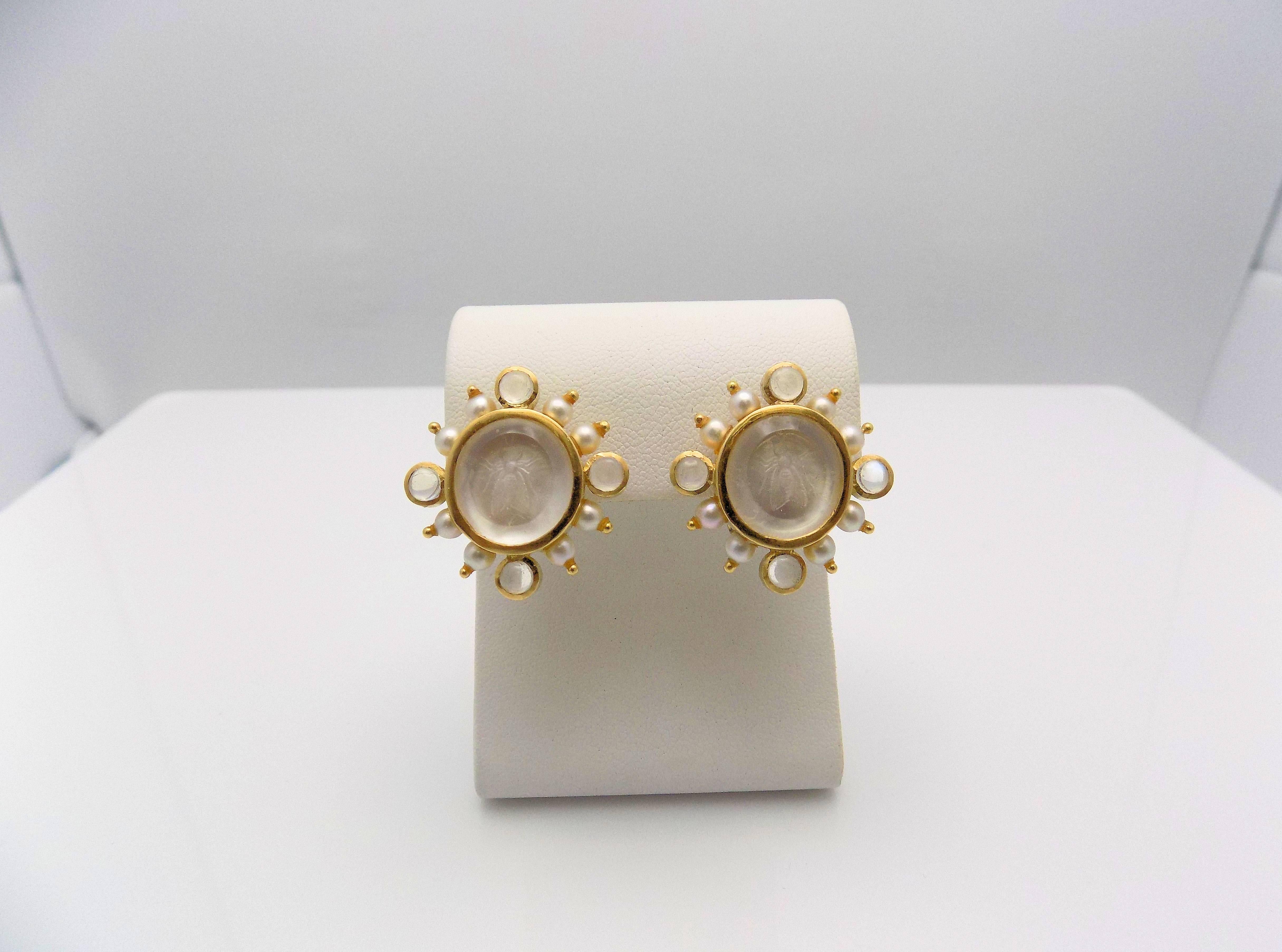 Pair 18 Karat Yellow Gold Clip/Pierced (convertible/fold down posts for either clip-on or pierced) Earrings. Mother of Pearl Bee's. 8 Round Cabochon Cut Moonstones 3.5 MM each; 16 Round Cultured Pearls 3.5 MM each. Signed: Locke. 11.4 DWT or 17.72