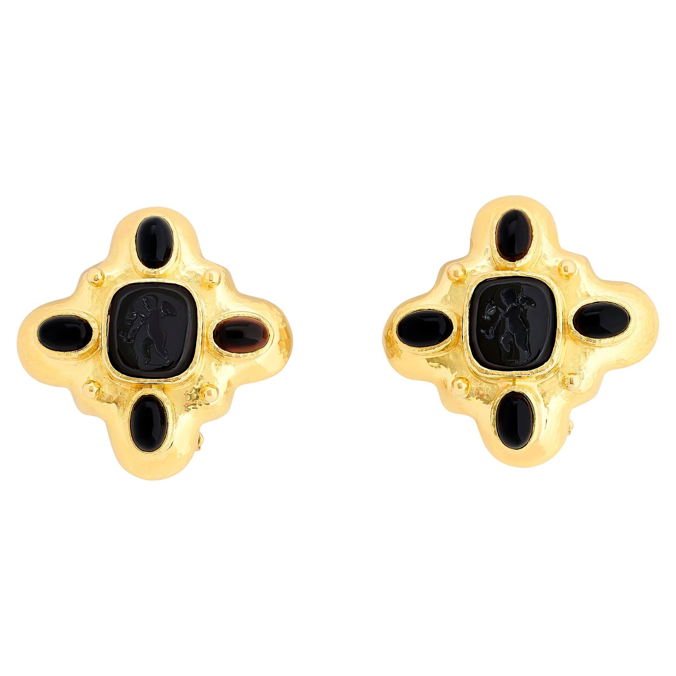 Elizabeth Locke 18 Karat Yellow Gold Onyx Earrings For Sale