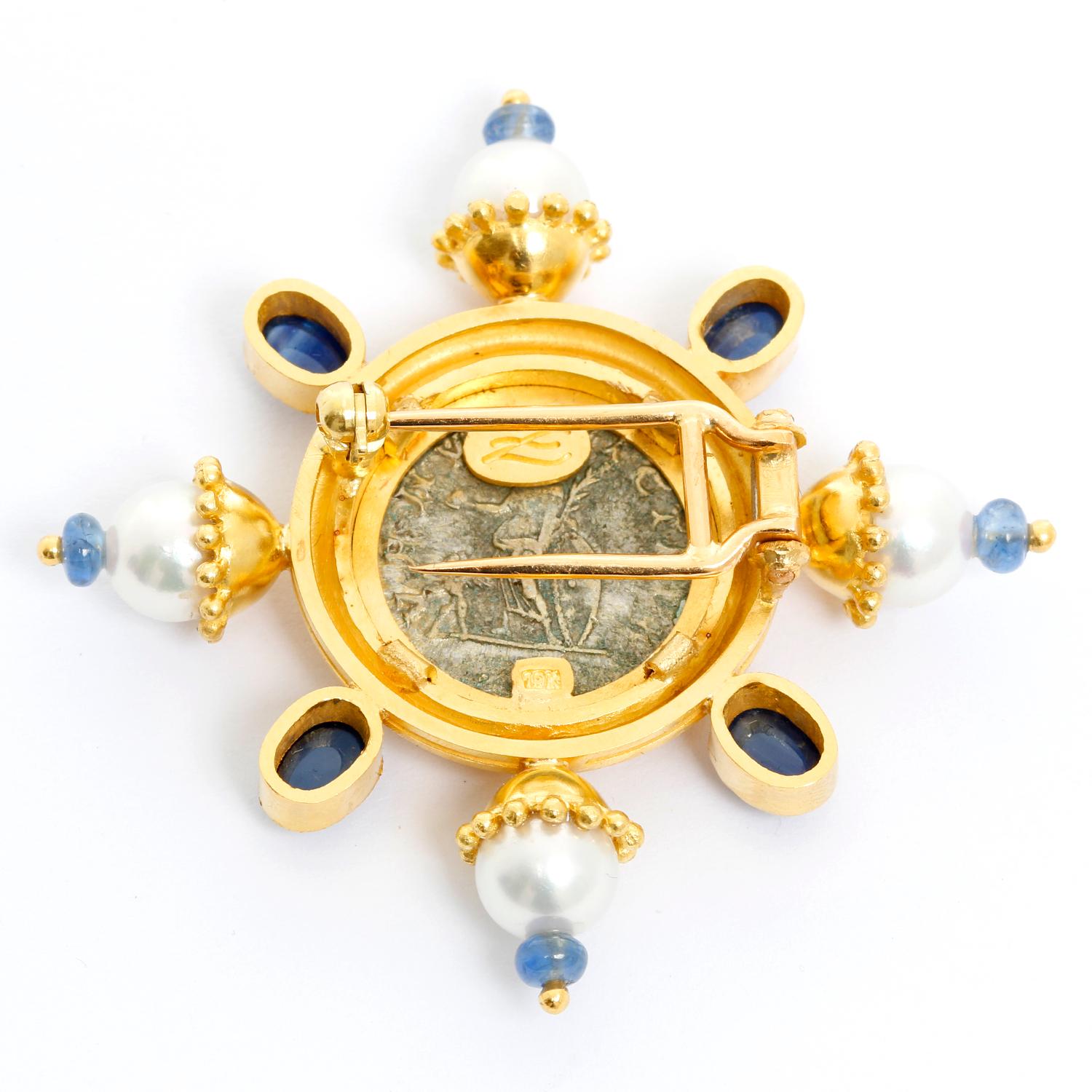 Elizabeth Locke 18 Karat Yellow Gold Sapphire and Pearl Brooch In Excellent Condition In Dallas, TX