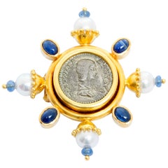 Elizabeth Locke 18 Karat Yellow Gold Sapphire and Pearl Brooch