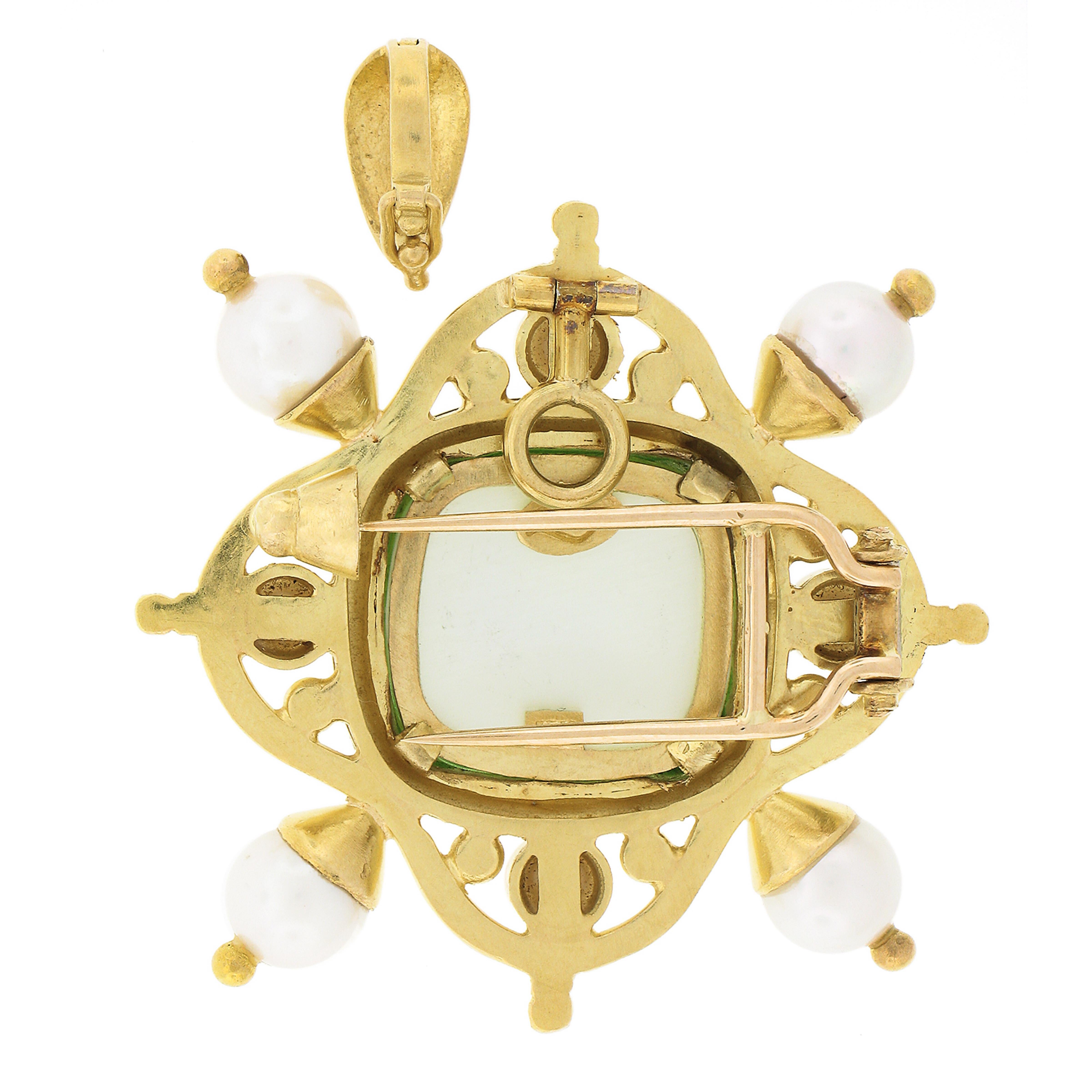 Round Cut Elizabeth Locke 18k Gold Carved Green Glass Intaglio W/ Pearl Pin Brooch Pendant For Sale