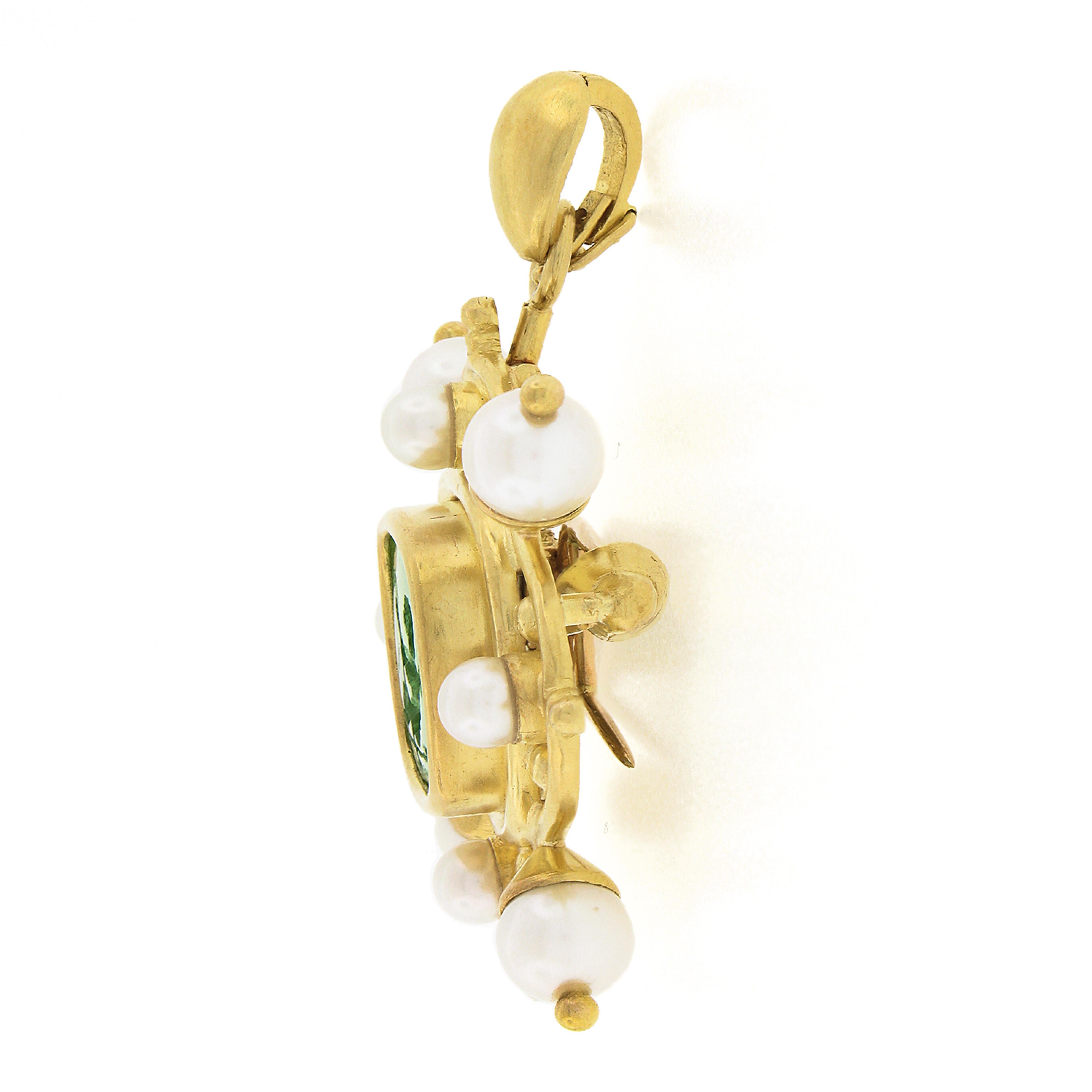 Women's or Men's Elizabeth Locke 18k Gold Carved Green Glass Intaglio W/ Pearl Pin Brooch Pendant For Sale