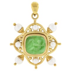 Elizabeth Locke 18k Gold Carved Green Glass Intaglio W/ Pearl Pin Brooch Pendant
