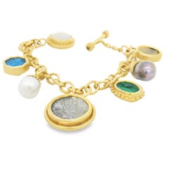 Elizabeth Locke 18K Gold Charm Bracelet Venetian Glass Intaglios, Pearls & Coins