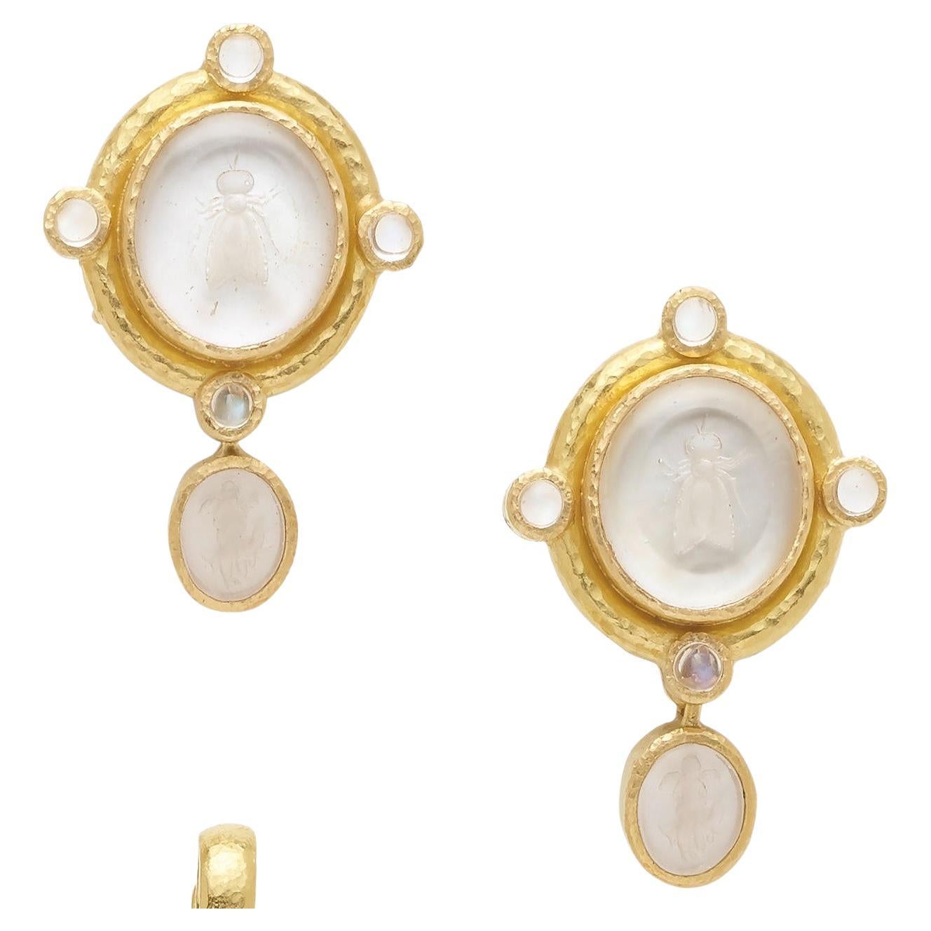 Elizabeth Locke 18k Gold Intaglio, Mother-of-Pearl & Moonstone Clip-On Earrings
