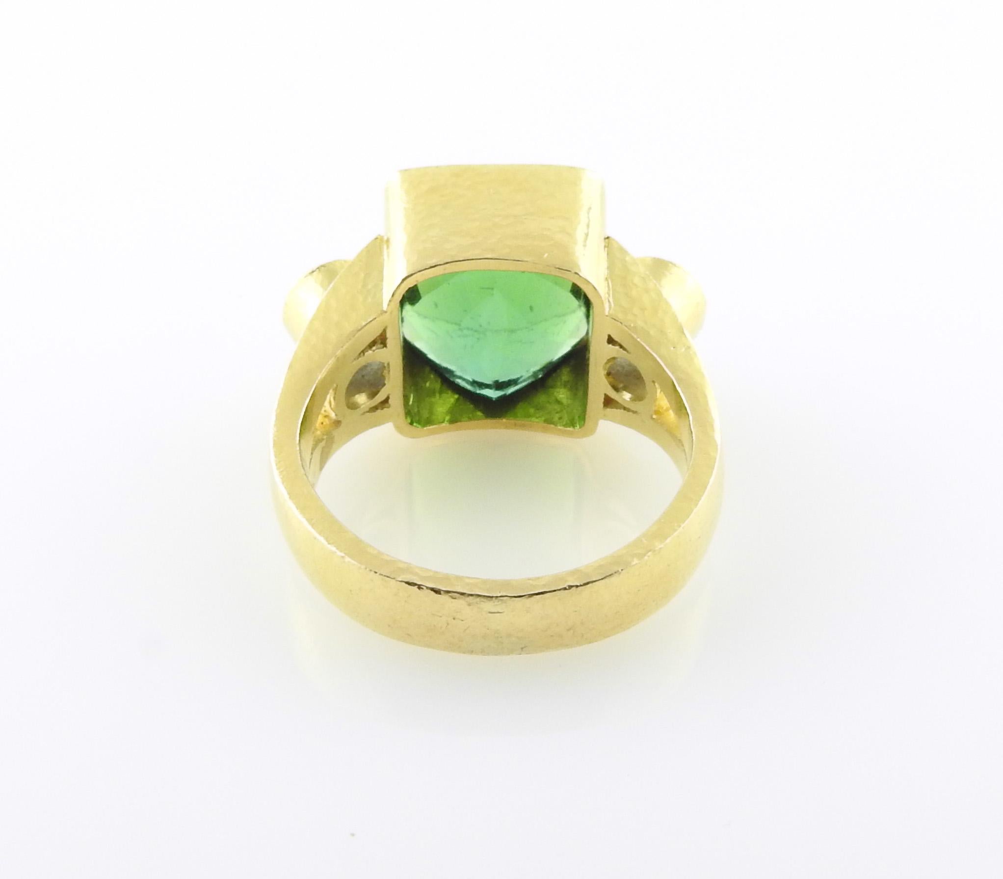 Square Cut Elizabeth Locke 18K Hammered Yellow Gold Green Tourmaline and Sapphire Ring 5.75