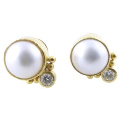 Elizabeth Locke 18K Hammered Yellow Gold Pearl and Diamond Pearl Earrings
