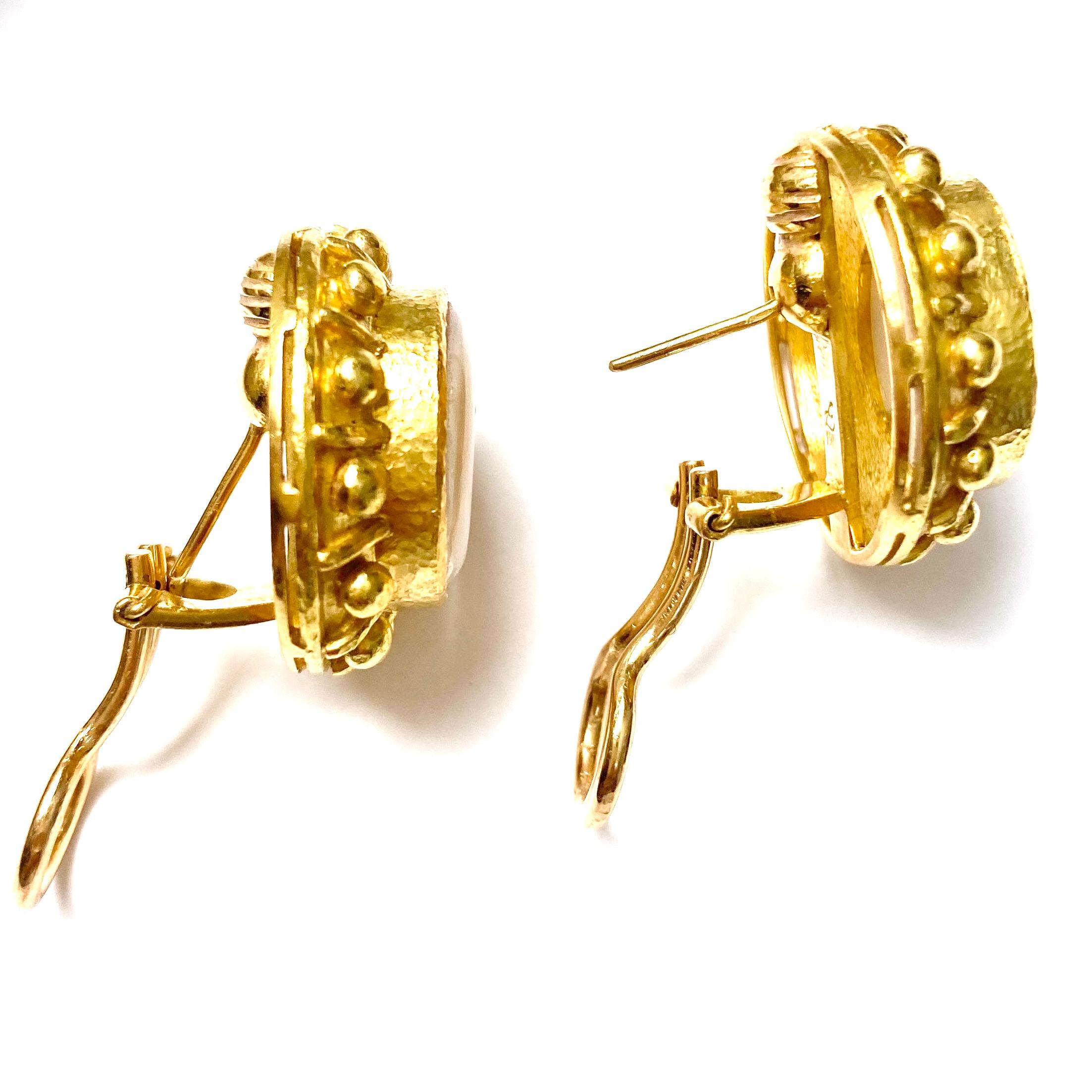 Elizabeth Locke white Venetian glass intaglio and 18K yellow gold earrings with omega backs and retractable posts . The intaglios are round and surrounded by rich gold beaded design frame.  Designer: Elizabeth Locke  Weight: 25.6 grams  Diameter: