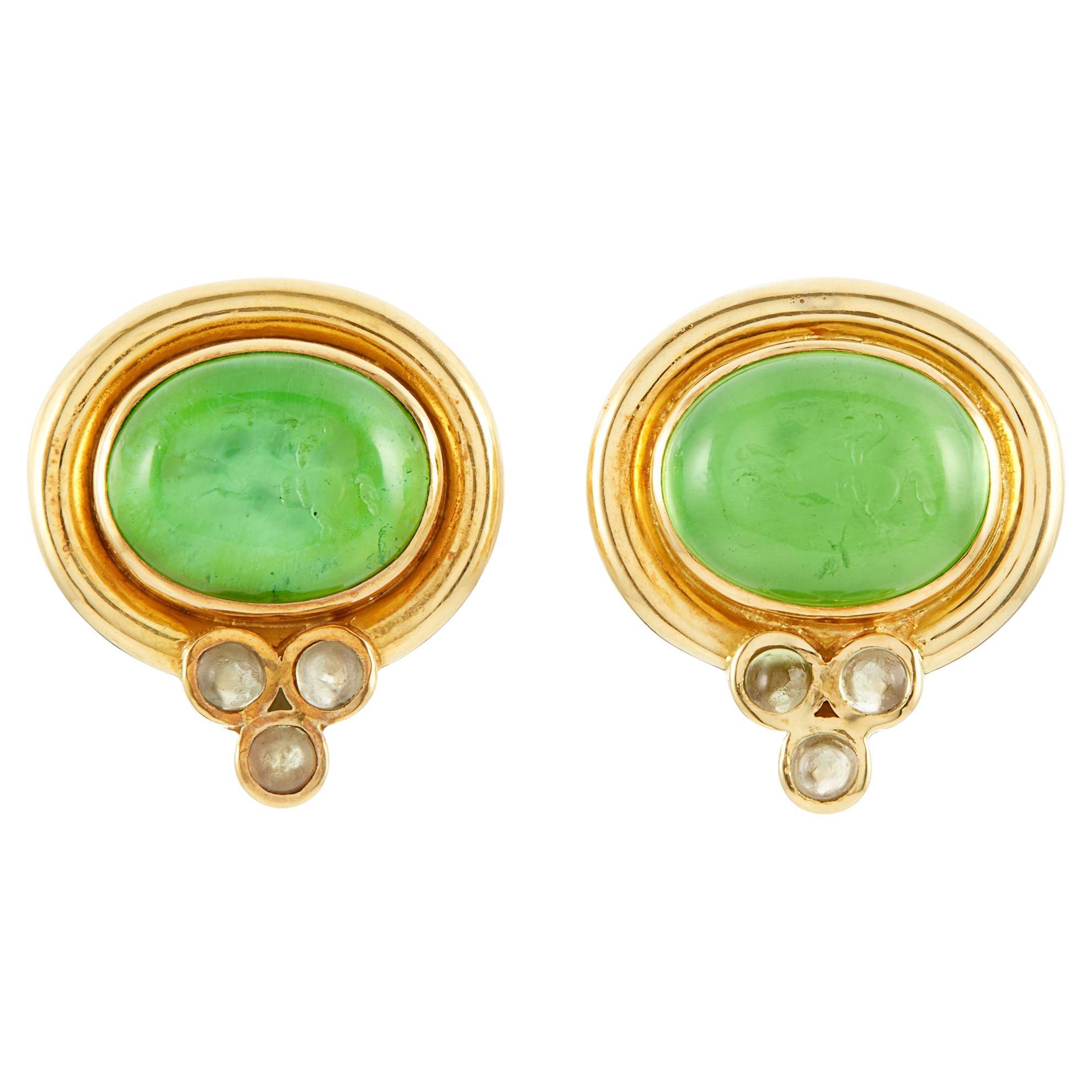 Elizabeth Locke 18k Yellow Gold Green Glass Intaglio and Peridot Accent Earrings