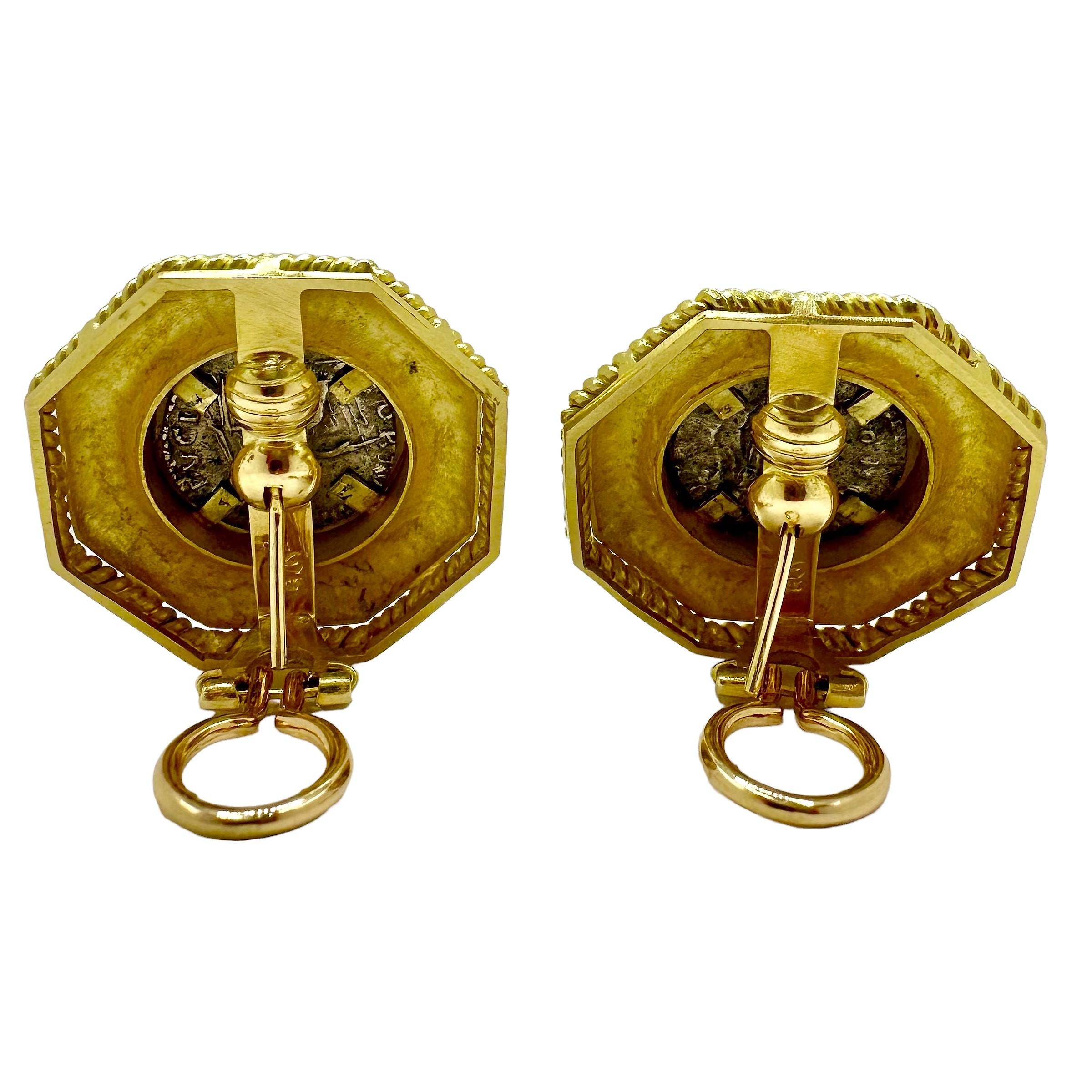 Women's Elizabeth Locke 18K Yellow Gold Octagonal Earrings with Ancient Roman Coins For Sale