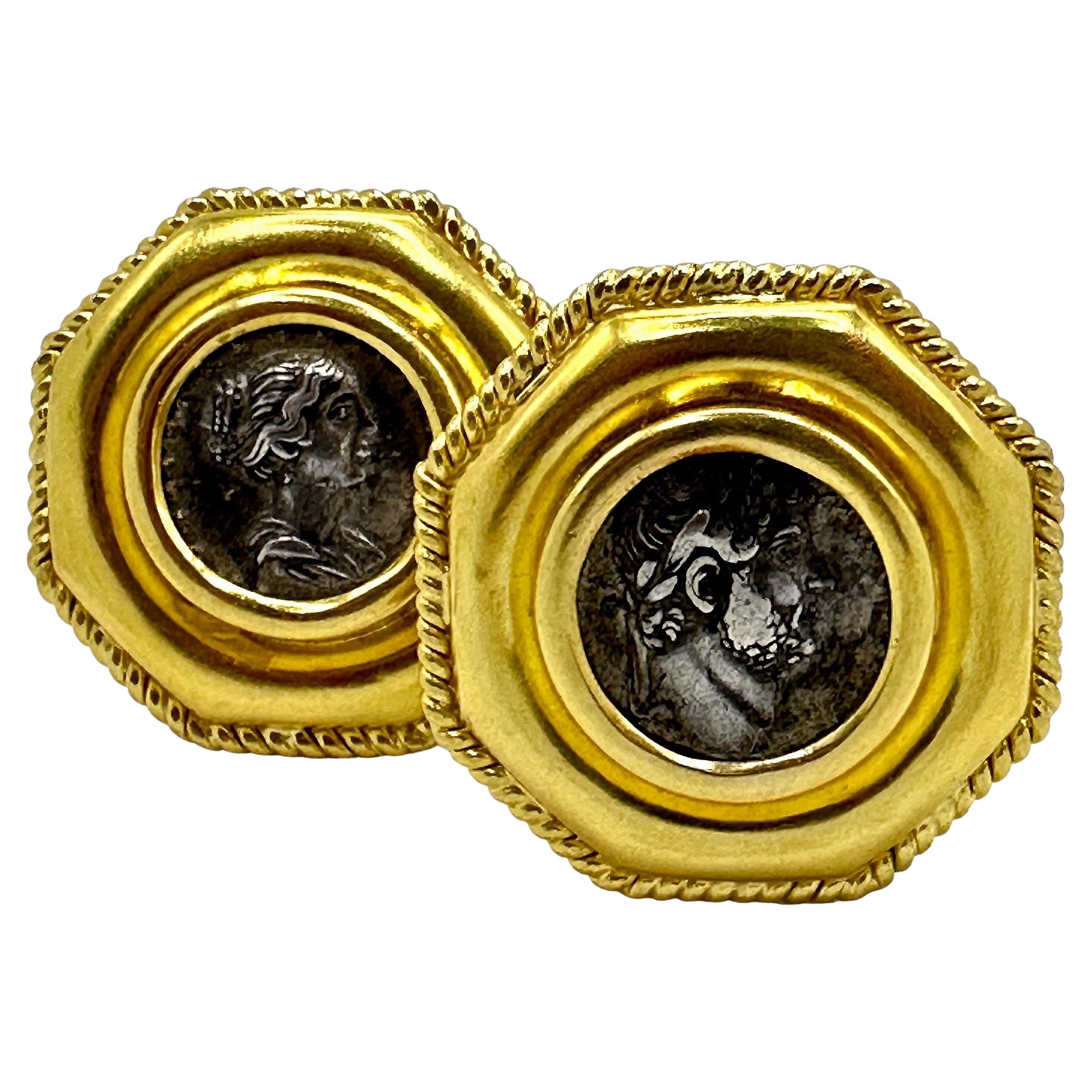 Elizabeth Locke 18K Yellow Gold Octagonal Earrings with Ancient Roman Coins For Sale