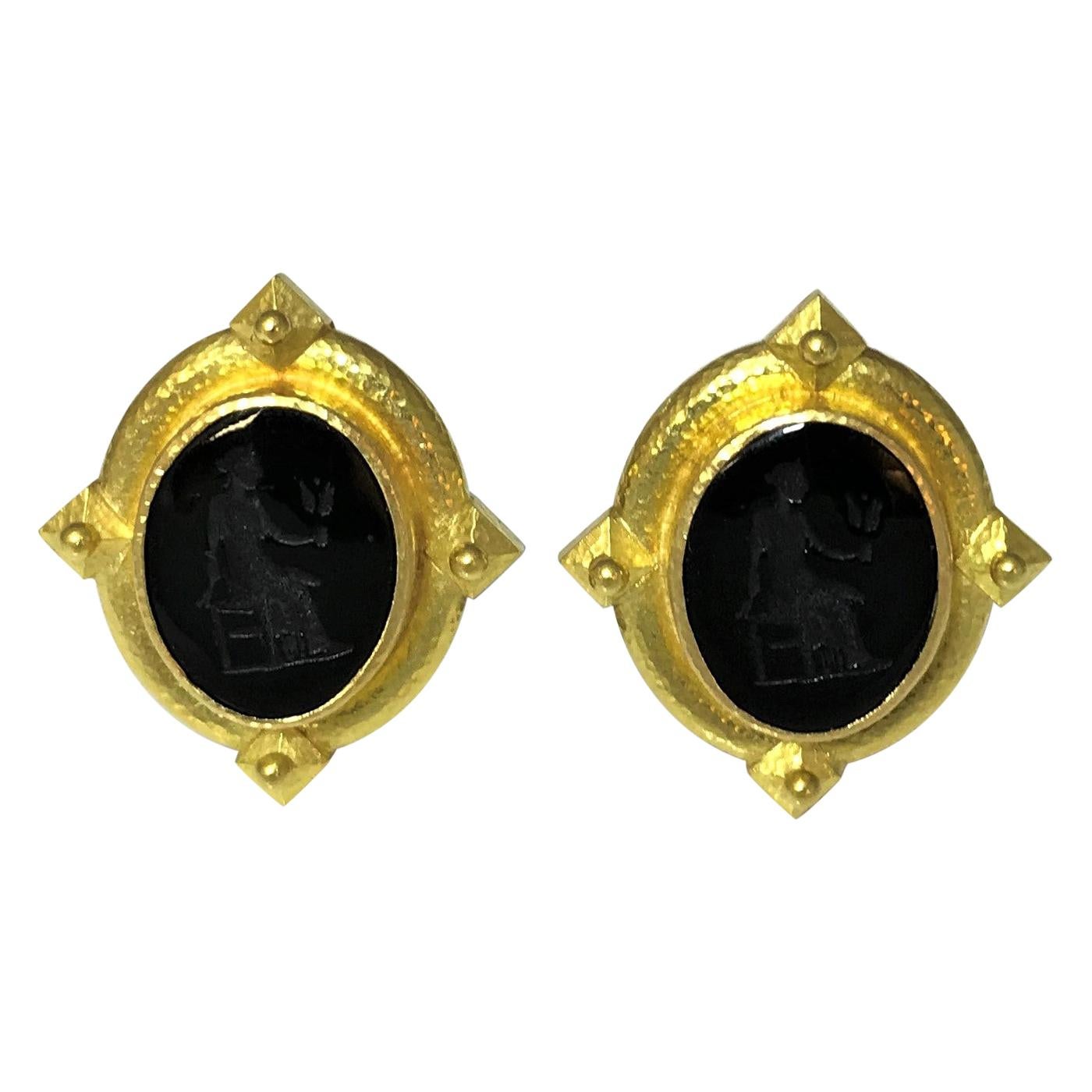 Elizabeth Locke 19 Karat Gold and Black Venetian Glass Intaglio Earrings For Sale