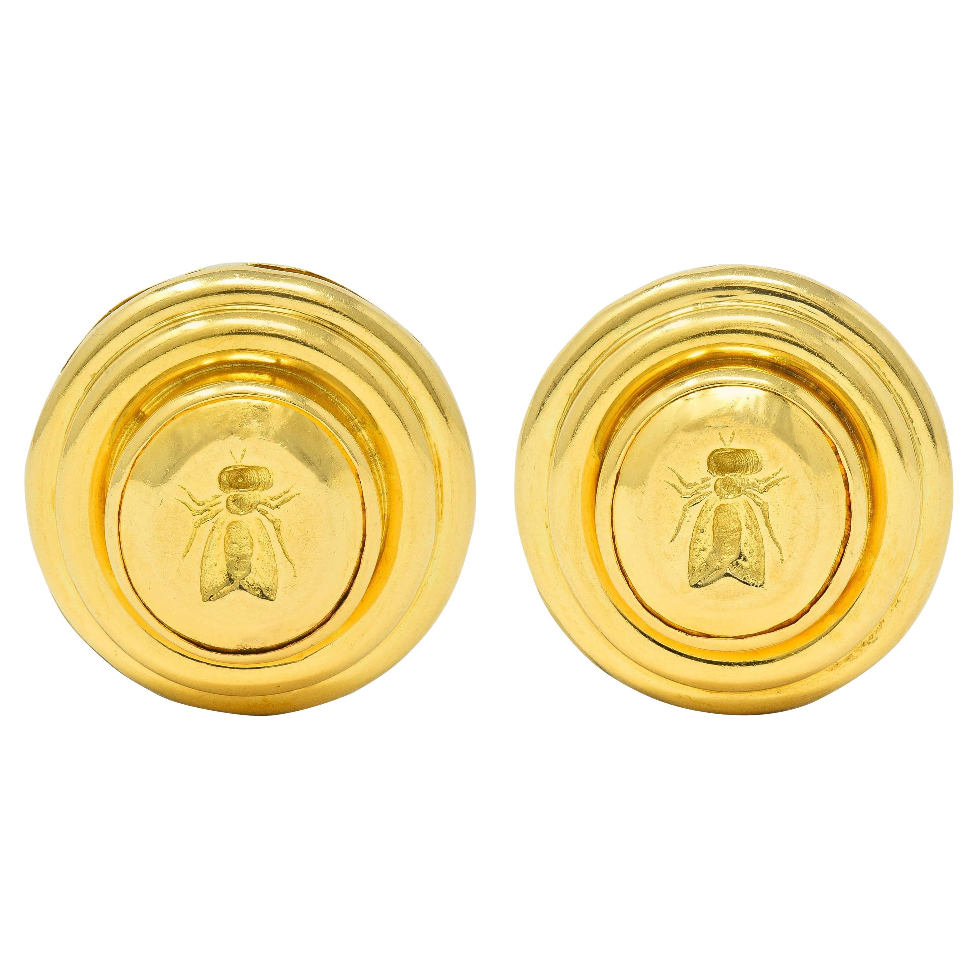 Elizabeth Locke 19 Karat Yellow Gold Fly Intaglio Insect Bug Circle Earrings For Sale