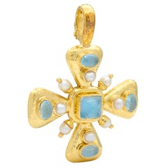 Elizabeth Locke 1990's Pearl Aquamarine 19K Gold Vintage Hammered Cross Pendant