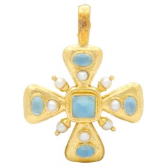 Elizabeth Locke 1990's Pearl Aquamarine 19K Gold Vintage Hammered Cross Pendant