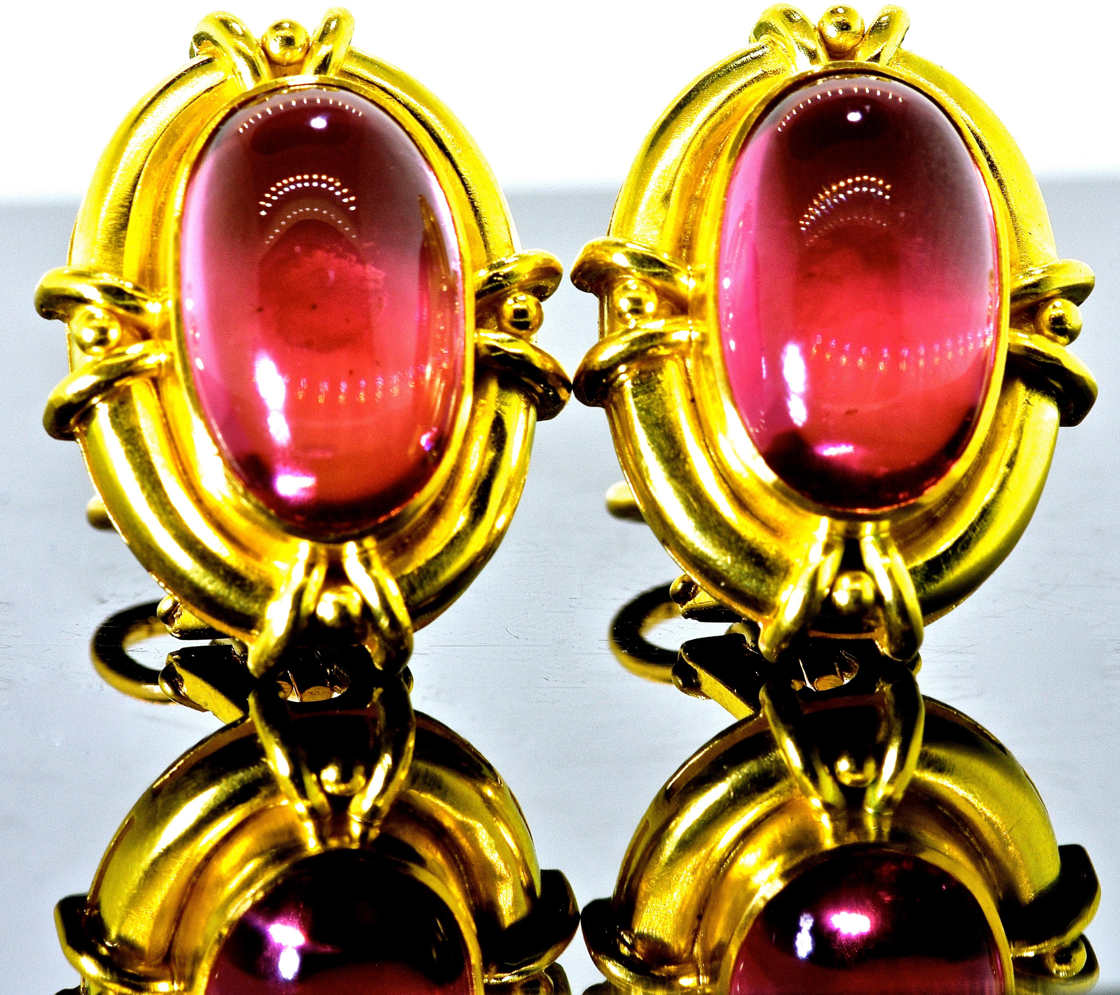 Contemporary Elizabeth Locke 19 Karat Gold and Fine Bright Pink Tourmaline Earrings
