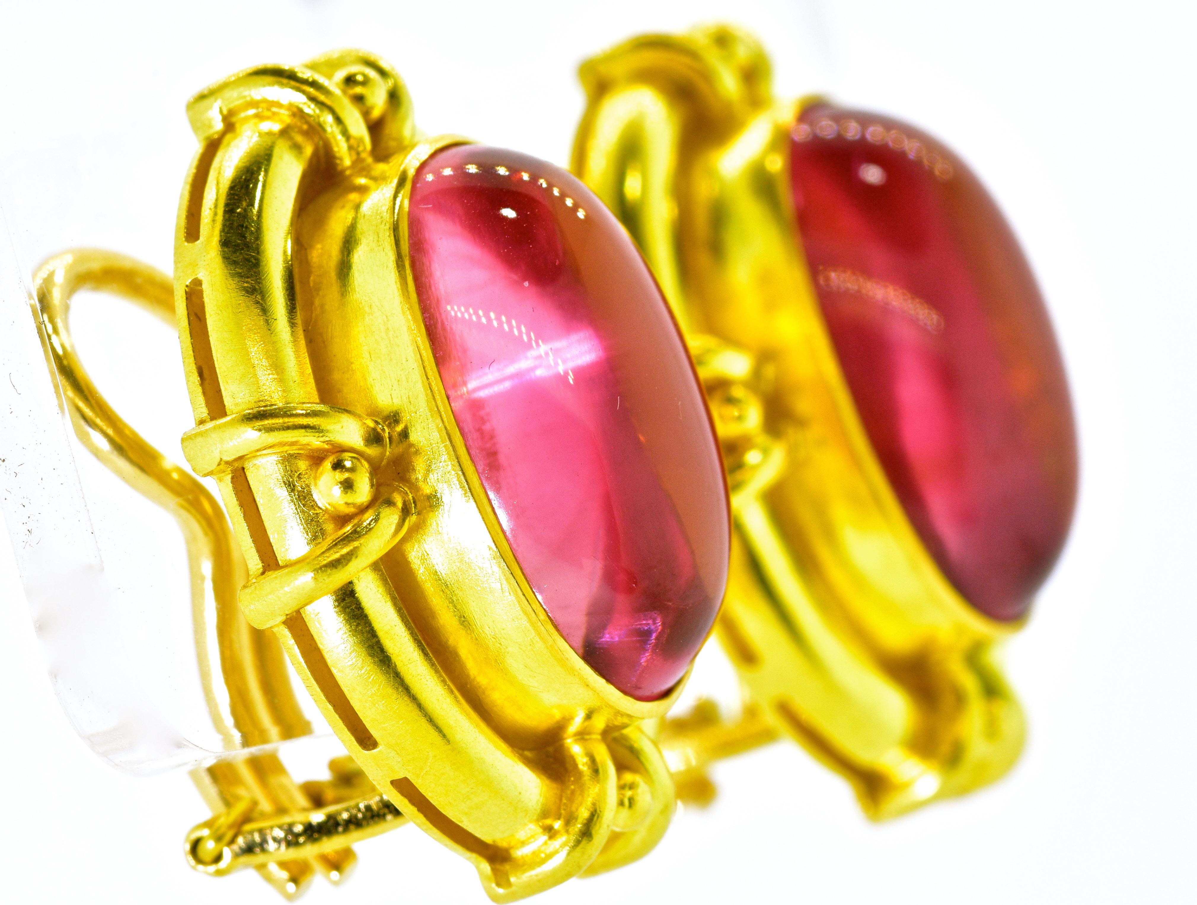 Cabochon Elizabeth Locke 19 Karat Gold and Fine Bright Pink Tourmaline Earrings