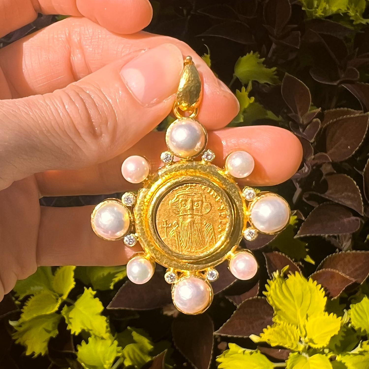 Modern Elizabeth Locke 19k Gold Coin Pearl Diamond Pendant Brooch