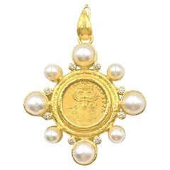 Elizabeth Locke 19k Gold Coin Pearl Diamond Pendant Brooch