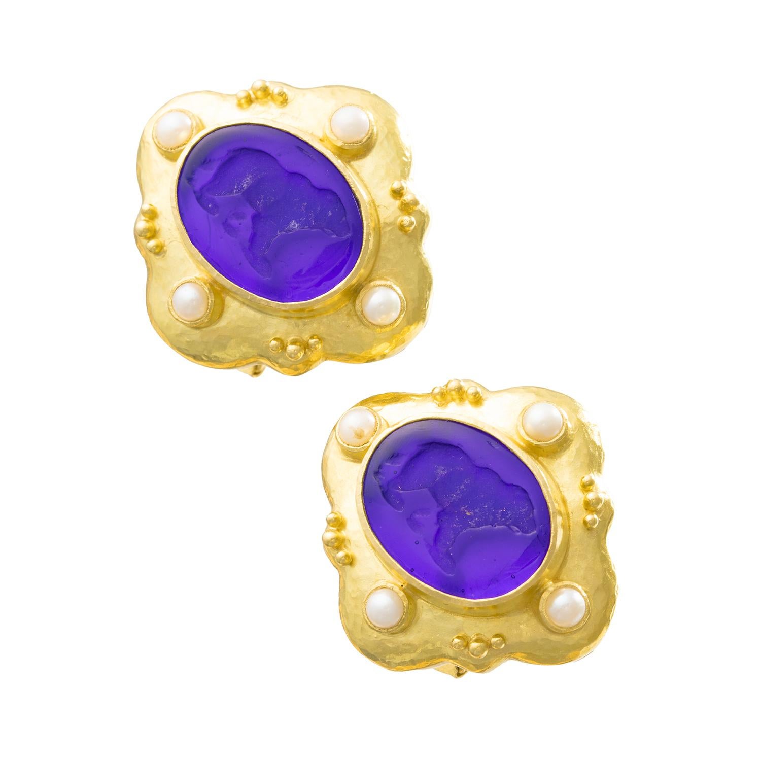 Bead Elizabeth Locke 19k Gold Dark Blue Bear Intaglio Pearl Earrings For Sale