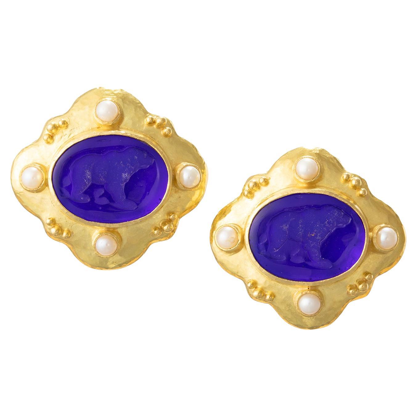 Elizabeth Locke 19k Gold Dark Blue Bear Intaglio Pearl Earrings For Sale