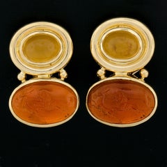 Elizabeth Locke 19K Gold Intaglio & Oval Cabochon Omega/Clip On Drop Earrings