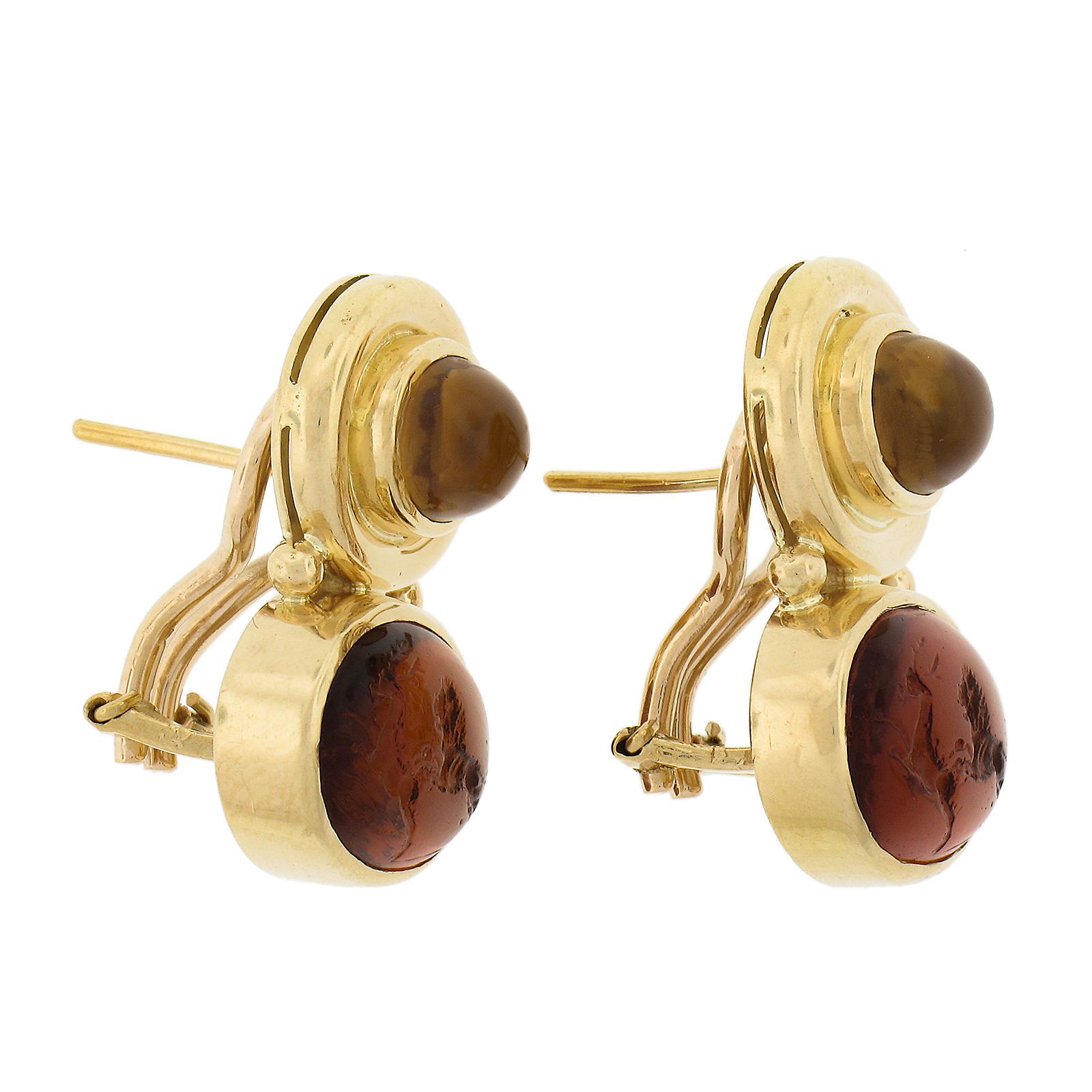 Oval Cut Elizabeth Locke 19K Gold Intaglio & Oval Cabochon Omega/Clip On Drop Earrings For Sale
