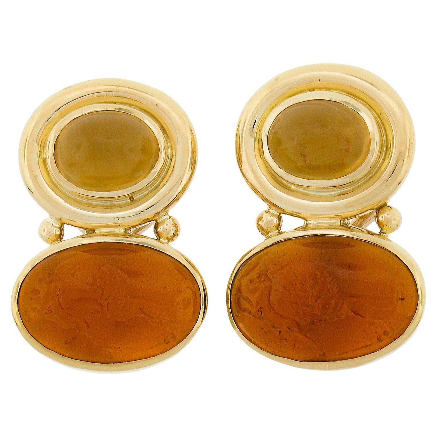 Elizabeth Locke 19K Gold Intaglio & Oval Cabochon Omega/Clip On Drop Earrings For Sale