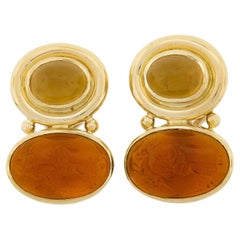 Used Elizabeth Locke 19K Gold Intaglio & Oval Cabochon Omega/Clip On Drop Earrings