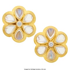 Elizabeth Locke 19k Gold Moonstone Daisy Earrings 0.20 ct Diamond Accents