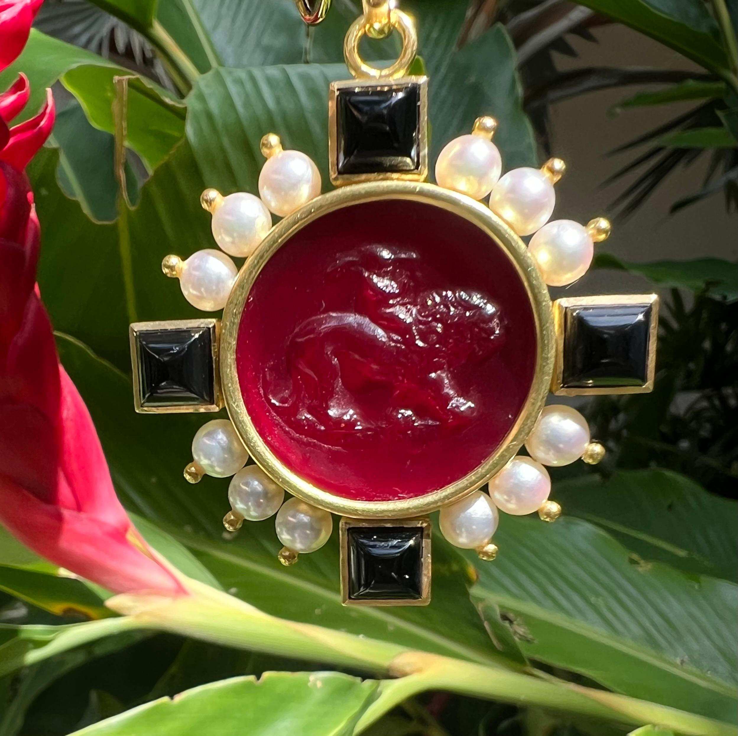 Women's or Men's Elizabeth Locke 19k Gold Venetian Red Glass Pearl Onyx Cupid Pendant Brooch