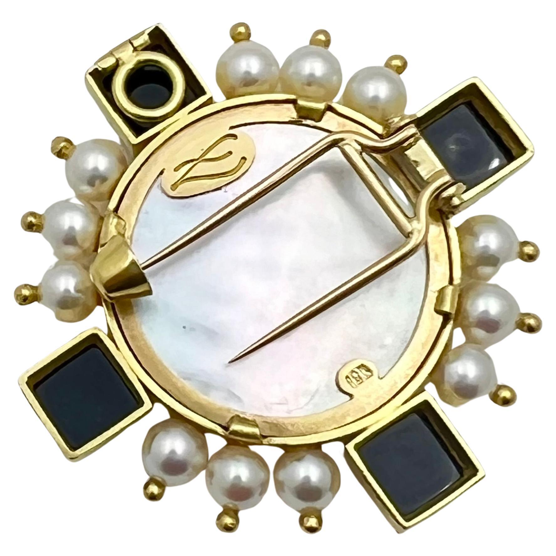 Sugarloaf Cabochon Elizabeth Locke 19k Gold Venetian Red Glass Pearl Onyx Cupid Pendant Brooch
