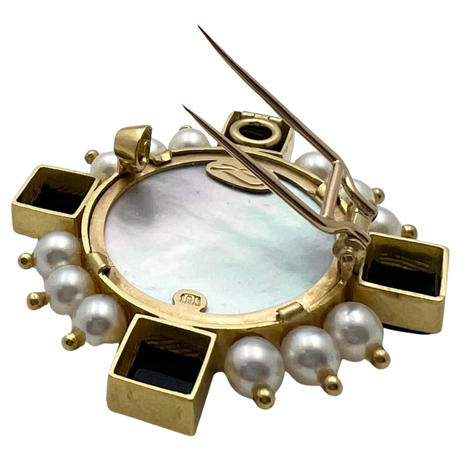 Elizabeth Locke 19k Gold Venetian Red Glass Pearl Onyx Cupid Pendant Brooch In Excellent Condition In Palm Beach, FL