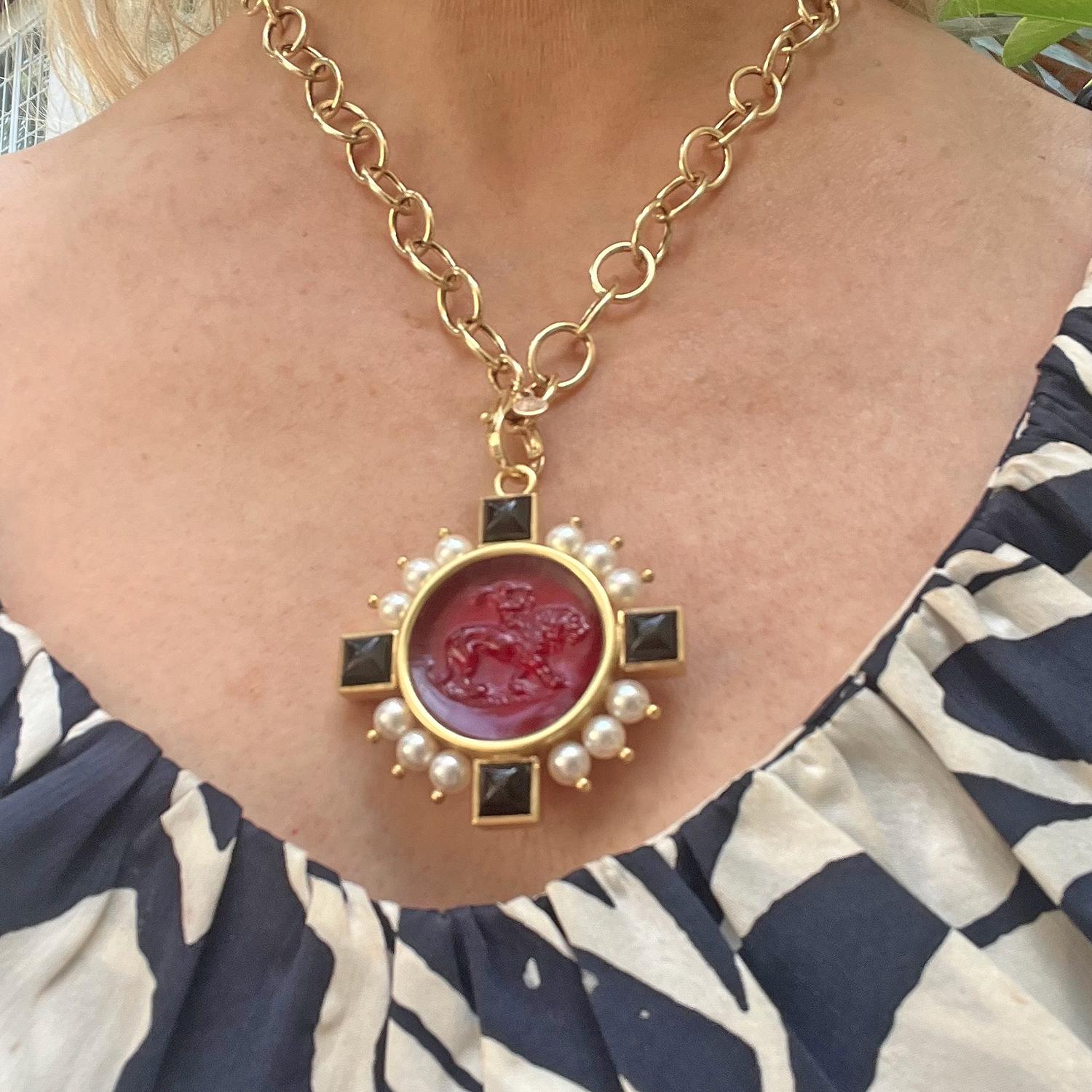 Elizabeth Locke 19k Gold Venetian Red Glass Pearl Onyx Cupid Pendant Brooch 1