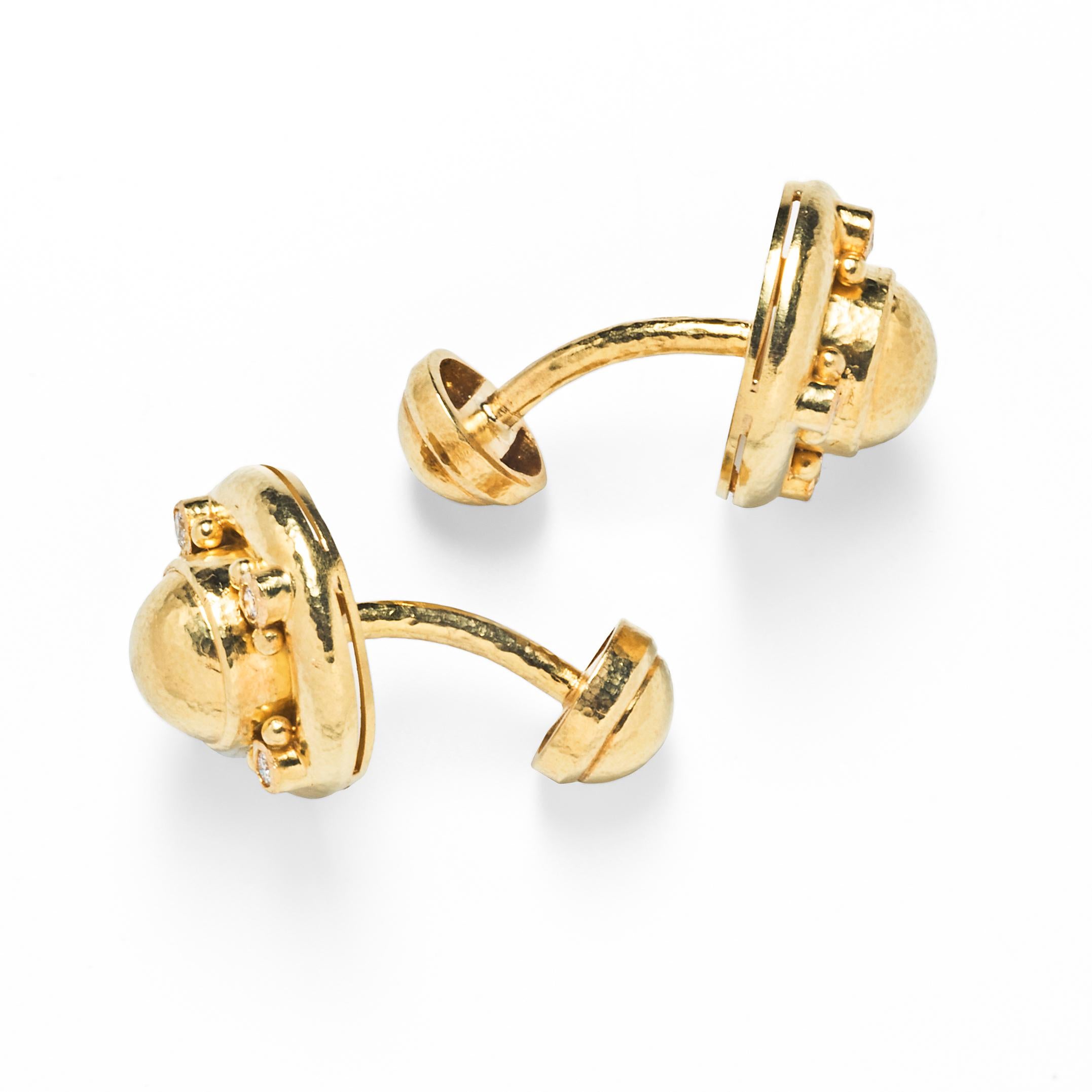 Drawing on her fascination with neo-classical designs, Elizabeth Locke injects old world glamour into her handmade jewelry. These elegant cufflinks center on hammered 19K gold domes set within bombé frames highlighted by collet-set round diamonds.