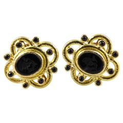 Elizabeth Locke 19K Hammered Yellow Gold Black Venetian Glass Intaglio Earrings