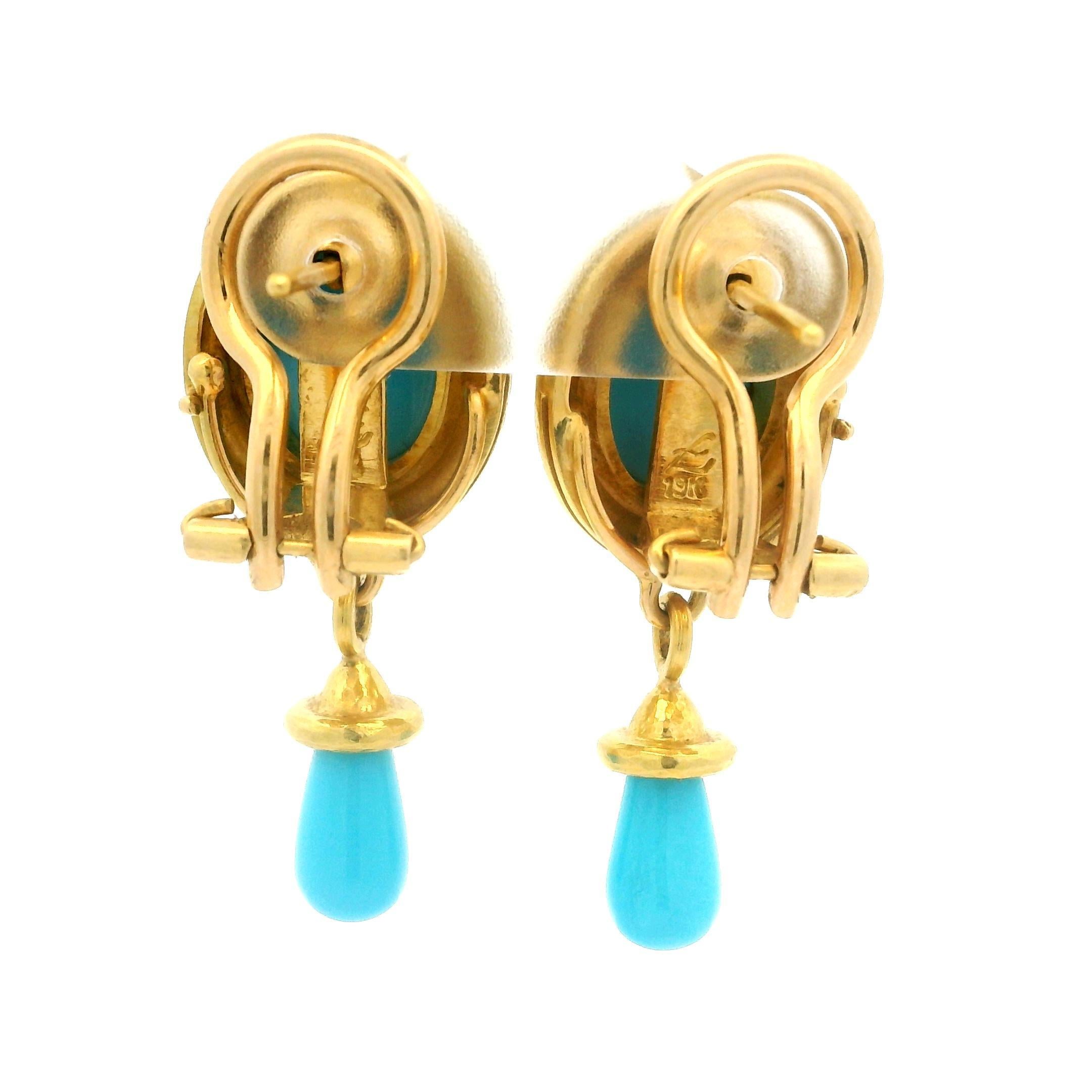 Elizabeth Locke 19k Yellow Gold Robins Egg Turquoise Day Night Drop Earrings In Excellent Condition In Montclair, NJ