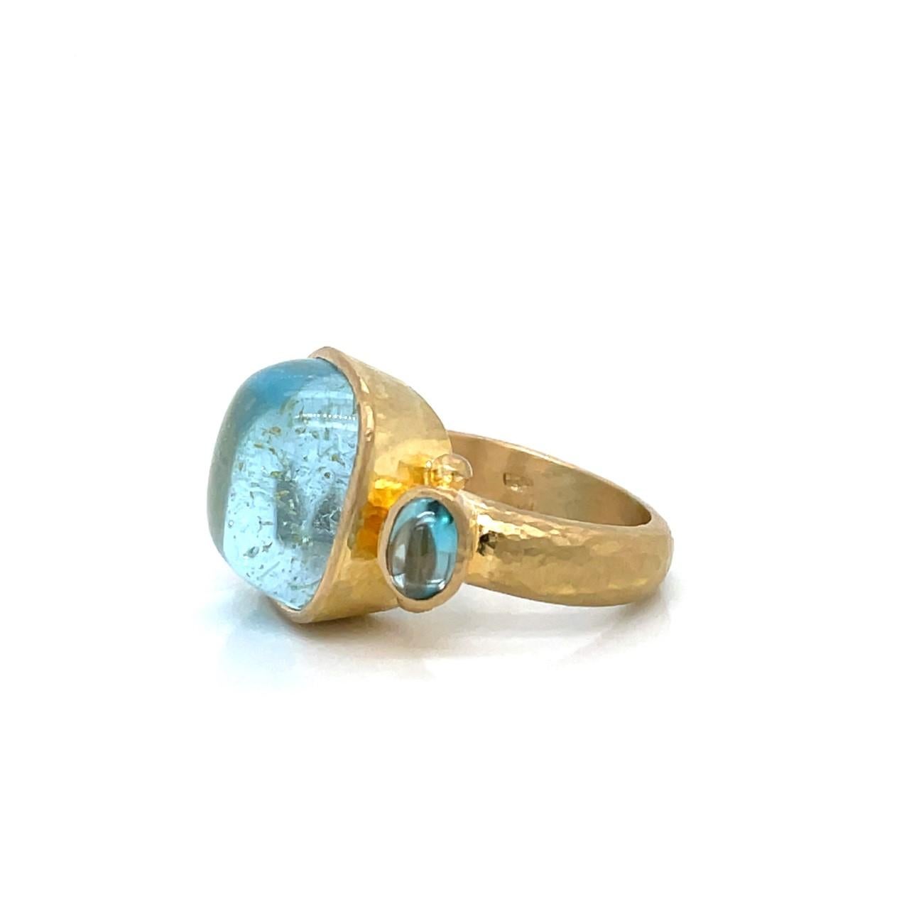 Women's Elizabeth Locke 19k Yellow Gold Three Stone Ring with Cabochon Cut Aquamarines