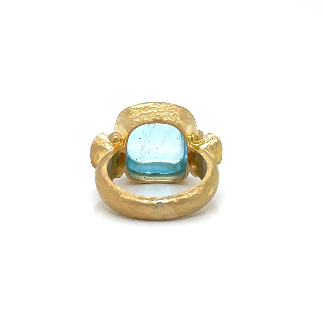 Elizabeth Locke 19k Yellow Gold Three Stone Ring with Cabochon Cut Aquamarines 1